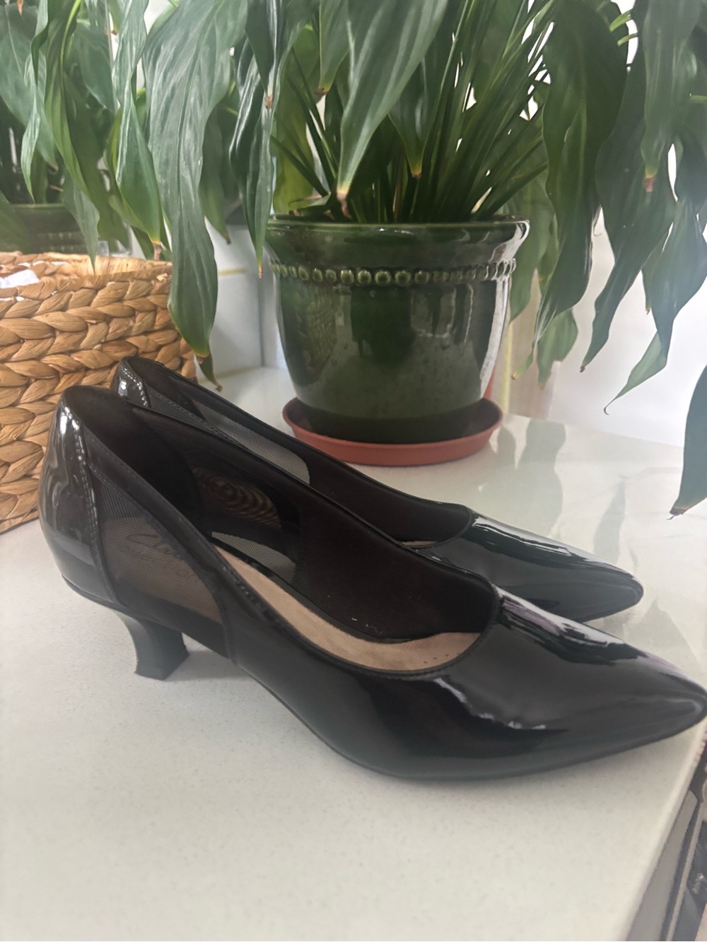 Clarks Black Patent Low Kitten Heel Pumps
